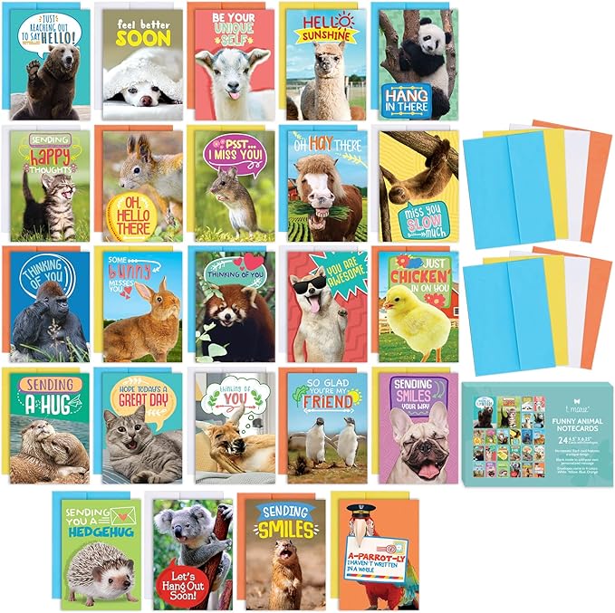 T MARIE 24 Funny Animal Greeting Cards - Humorous Designs with No Repeats - 4.5” x 6.25” Bulk Note Cards for Friends, Kids, Students, Teachers, Summer Camp and More