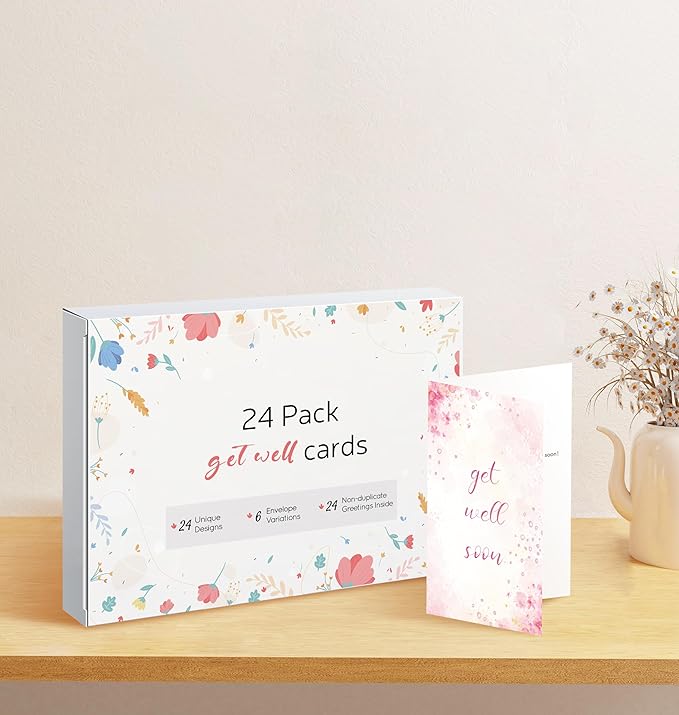 24 Pack Floral Get Well Cards with Self-adhesive Envelopes, 4"x6" Boxed Prefilled Greeting Note Cards to Friends, Relatives or Loved One, 24 Unique Designs