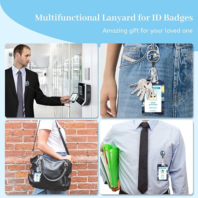 Black Cat Lanyards for Id Badges, Starry Night Badge Holder with Retractable Reel Clip, Work Name Tags Keychain Lanyard with ID Holder, ID Card Protector for Women Teacher Nurse Doctor Office