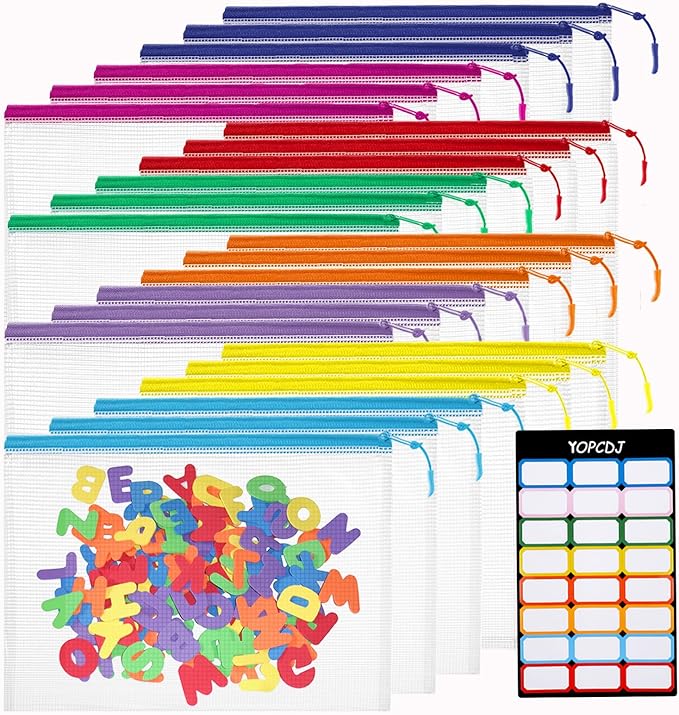 24pcs Mesh Zipper Pouch Bags, A5 9.4 x 6.9 Inches Reusable Zipper Bags Puzzle Storage Organizer 8 Colors Multipurpose for Travel Board Games Office Supplies and Home Organization