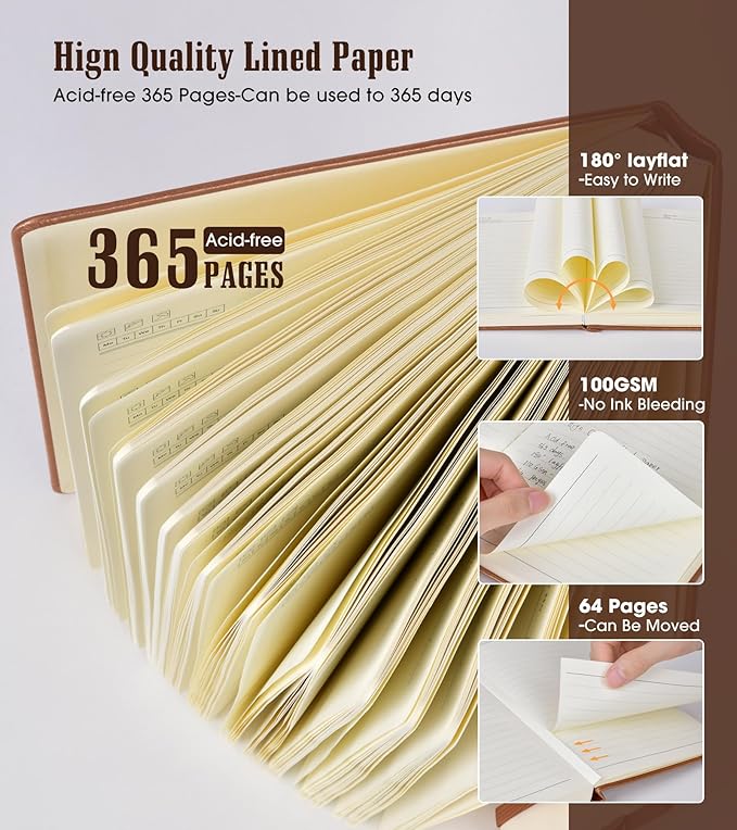 Lined Journal Notebook -365 Pages B5 Large Journal for Writing Men Women, College Ruled Notebook, Hardcover Leather Journal, Daily Notebook for Work, Note Taking, 100Gsm Paper (7.6'' X 10'' Brown)