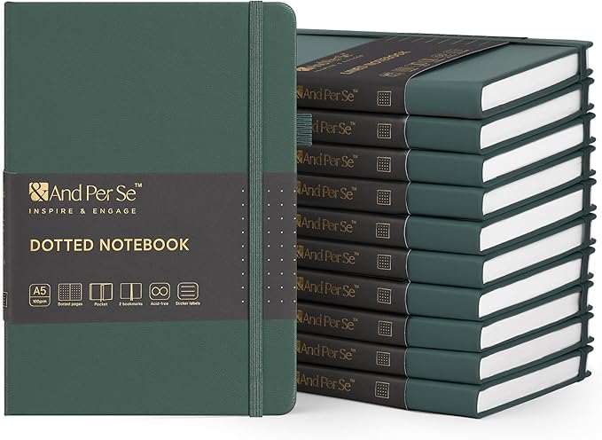 &And Per Se Dotted Journal Notebook (10 packs), A5 Hardcover Leather Bullet Dotted Journal, 160 Pages 100GSM Thick Paper, 3 Sheets of Stickers Included - 5.7'' x 8'' (Green)