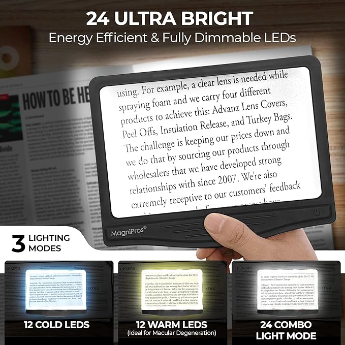 MAGNIPROS Patented 5X Large LED Page Magnifier with Detachable Hands-Free Stand, 3 Color Light Modes, Anti-Glare Lens for Eye Strain Relief – Perfect for Reading, Crafting, Low Vision & Seniors