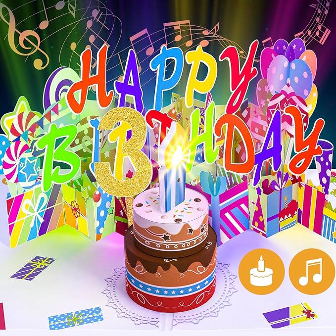 Gumry 3RD Musical Birthday PopUp Card, Blowable Colorful Light Candle 3D Cards with Song, Applause Cheers Sound, Greeting Cards Birthday Gifts Decorations for Daughter Son Turning 3 Years Old
