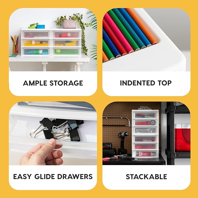 IRIS USA Plastic Stacking Desk Top 3-Drawer Storage Organizer, 1-Pack, for Makep Vanity Nail Polish Bathroom Stationery Art Craft Supplies Kitchen Office Garage and Small Organization, Medium, White