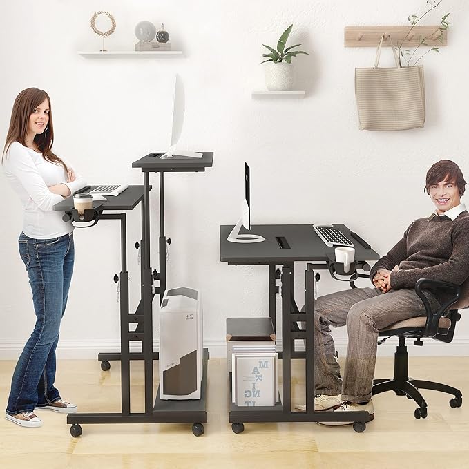 Panta Mobile Standing Desk, Adjustable Rolling Computer Desk with 3 Desktops, Portable Laptop Table with Desk Cup Holder, Home Office Laptop Workstation on Lockable Wheels, Black