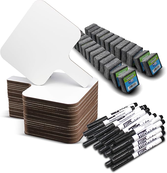 Flipside Products Rectangular Dry Erase Answer Paddles w/Black Dry Erase Marker and Erasers, Auction, Handheld Whiteboard, Handle Response Board, 72 Pieces, Set of 24