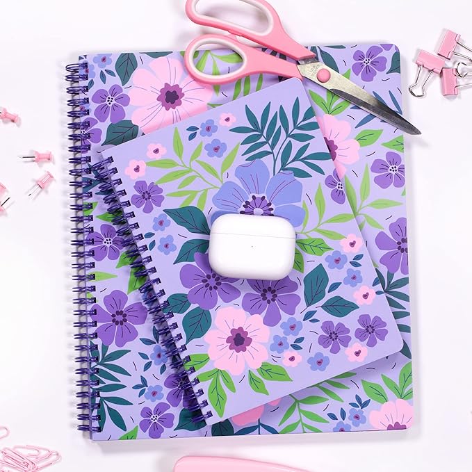 Steel Mill & Co Cute Mini Spiral Notebook, 8.25" x 6.25" Journal with Durable Hardcover and 160 Lined Pages, Lilac Floral