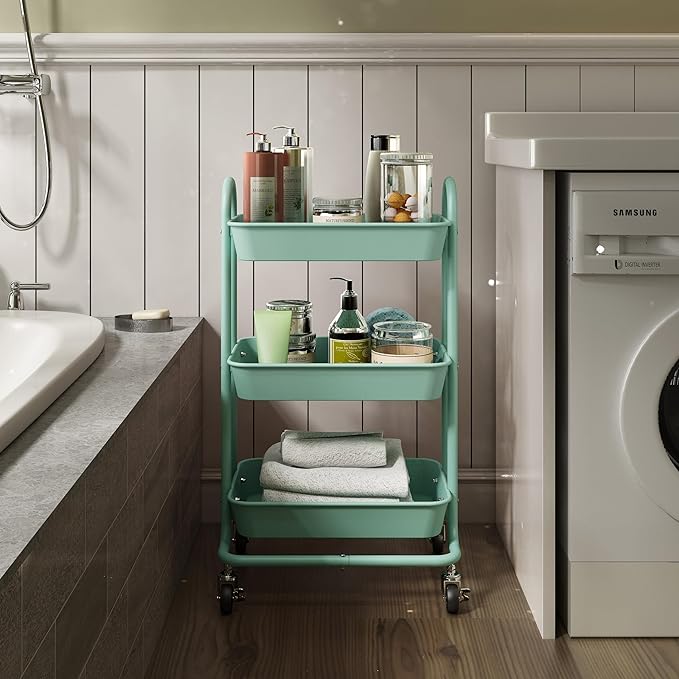 3-Tier Green Utility Rolling Cart,Kitchen Storage Carts with Wheels,Green Metal Rolling Cart for Office,Home,Kitchen,Garden（18"x11.4"x31.2"）