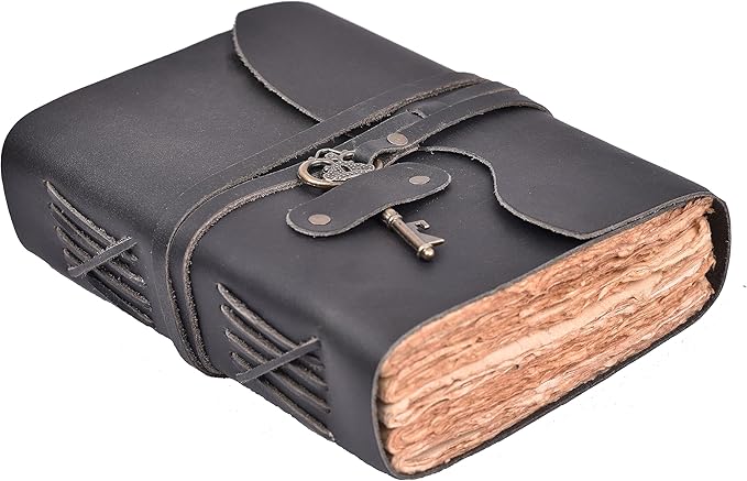 LEATHER VILLAGE Vintage Leather Journal – 200 Handmade Vintage Deckle Edge Paper – Leather bound Journal For Women Men – Vintage Key Closure - Book of Shadows - Black - 6X4 inches (A6)