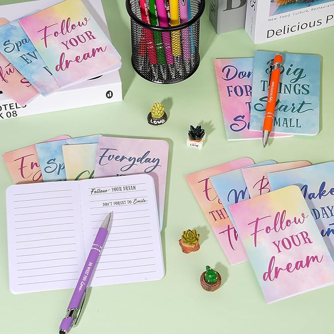 96 Pcs Watercolor Bulk Motivational Pens Inspirational Notepads Set, Pocket Motivational Quote Notebooks Ballpoint Pens, Mini Journals Gift Set for Kids Students Teachers School Office Prizes Supplies