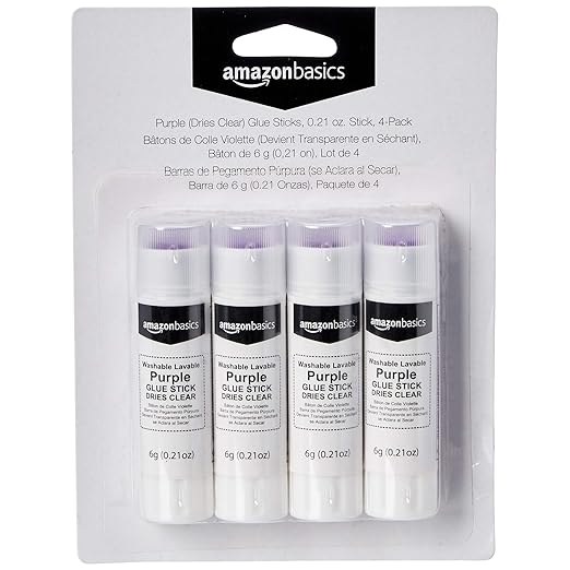 Amazon Basics Purple Washable School Glue Sticks, Dries Clear, 0.21 oz Stick, 4-Pack