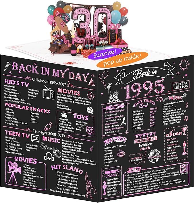 30th Birthday Card for Women Her, Jumbo 3D Pop Up 30th Birthday Gifts, Back In 1995 Happy 30 Year Old Sister Birthday Decorations Cards Card for Wife, Rose Gold