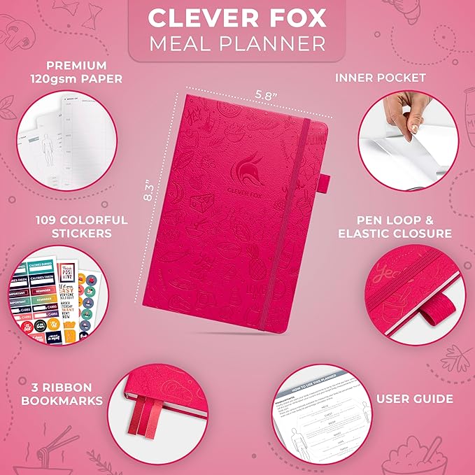 Clever Fox Weekly Meal Planner - Weekly & Daily Meal Prep Journal with Shopping and Grocery Lists for Menu Planning, Healthy Diet & Weight Loss Tracking, Lasts 1 Year, Undated, A5 - Fuchsia