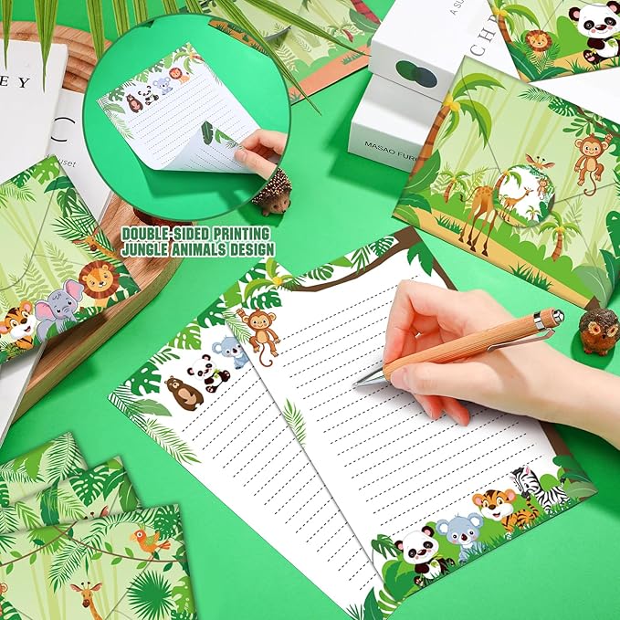 TaoBary 160 Packs Stationery Paper Set (50 Double Sided Stationery Writing Papers 50 Matching Envelopes) 60 Round Dot Sticker, 10 Design(Safari Animal,5.5 x 8.25 Inch)
