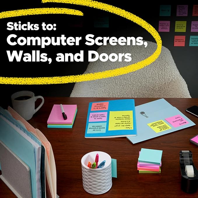 Post-it Super Sticky Notes, 12 Sticky Note Pads, 3 x 3 in., School Supplies, Office Products, Sticky Notes for Vertical Surfaces, Monitors, Walls and Windows, Summer Joy Collection