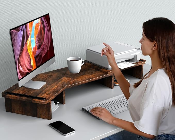 Zimilar Dual Monitor Stand Riser, Monitor Stand with Adjustable Length and Angle, Wood Monitor stand for desk, Monitor Riser for 2 monitors with Storage Space(Rust Brown Large)