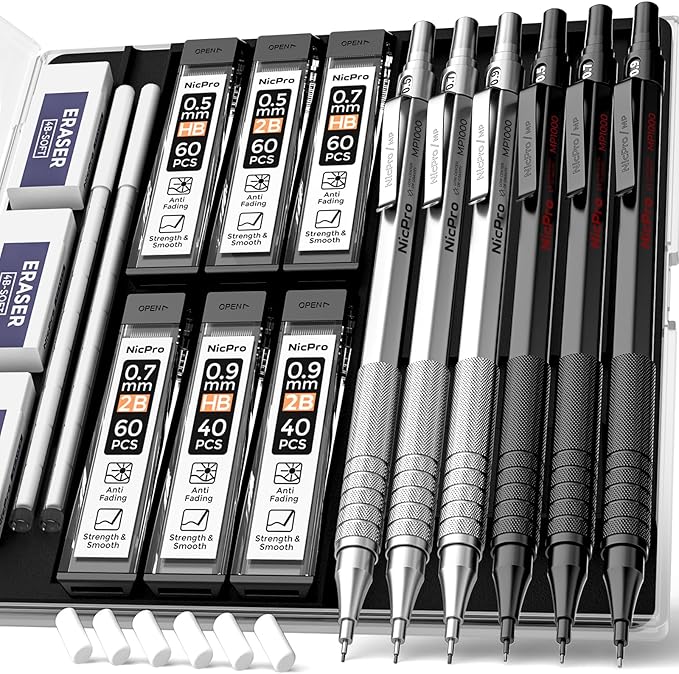 Nicpro 0.5 & 0.7 & 0.9 mm Metal Mechanical Pencil Set with Case, 6PCS MP1000 Artist Lead Pencil with 12 Tubes HB & 2B Lead Refills, 3 Erasers For Architect Art Writing Drafting Sketching Drawing
