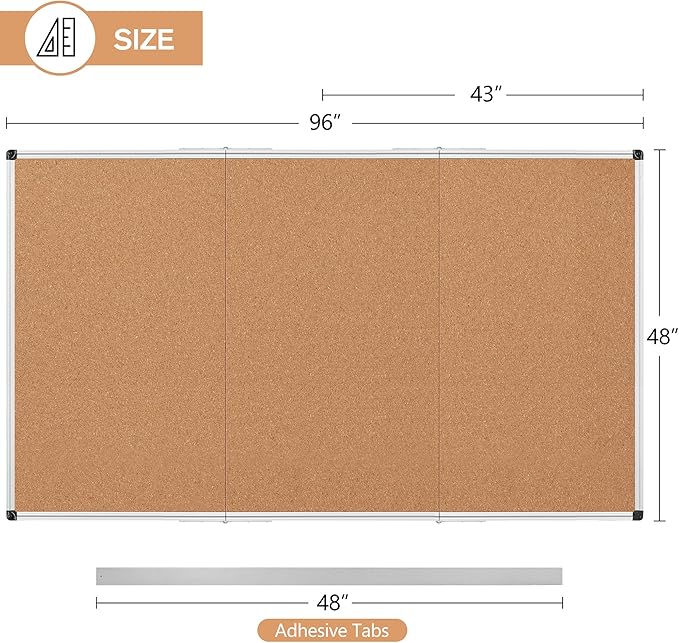 Board2by Extra Large Cork Bulletin Board 96" X 48", Foldable Notice Pin Board for Wall, Silver Aluminum Framed 8'x4' Corkboard, Wall Mounted Noticeboard with 36 Push Pins for School, Home & Office