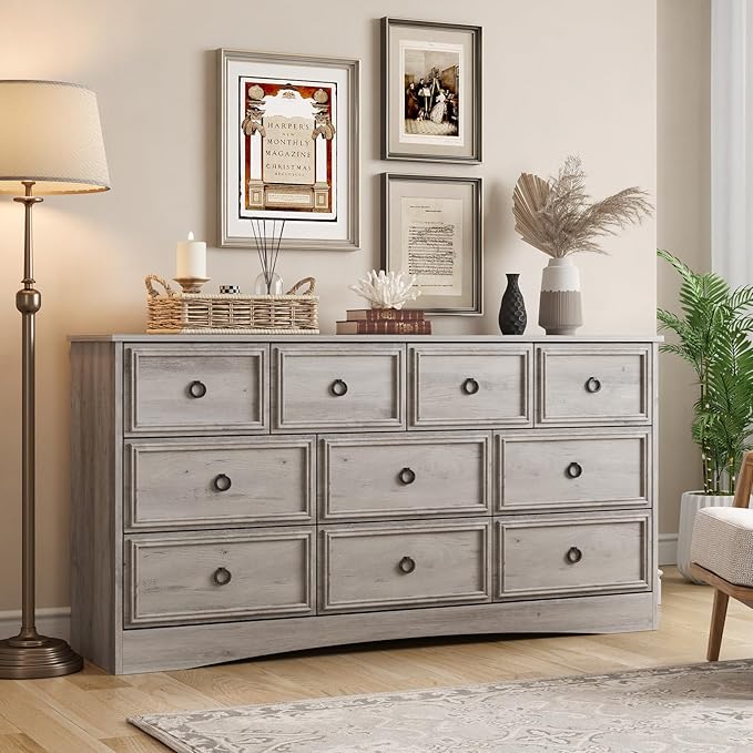 LGHM Modern Large 10 Drawer Dresser, Long Dressers for Bedroom, Chest of Drawers Closet Organizers and Storage Clothes - Textured Borders, 6" Deep Drawer for Living Room, Hallway, Gray