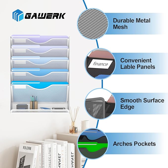 6 Tier Hanging File Organizer, Mesh Wall File Holder Paper Folder Rack with Bottom Flat Tray for Office Home, White