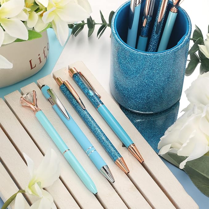 Sabary 8 Pcs Ballpoint Pens with Pen Holder for Desk Glitter Crystal Diamond Fancy Pencil Holder Bling Desk Organizer Cute Stationery Supplies for Women Girls Wedding Office School Gifts(Blue)
