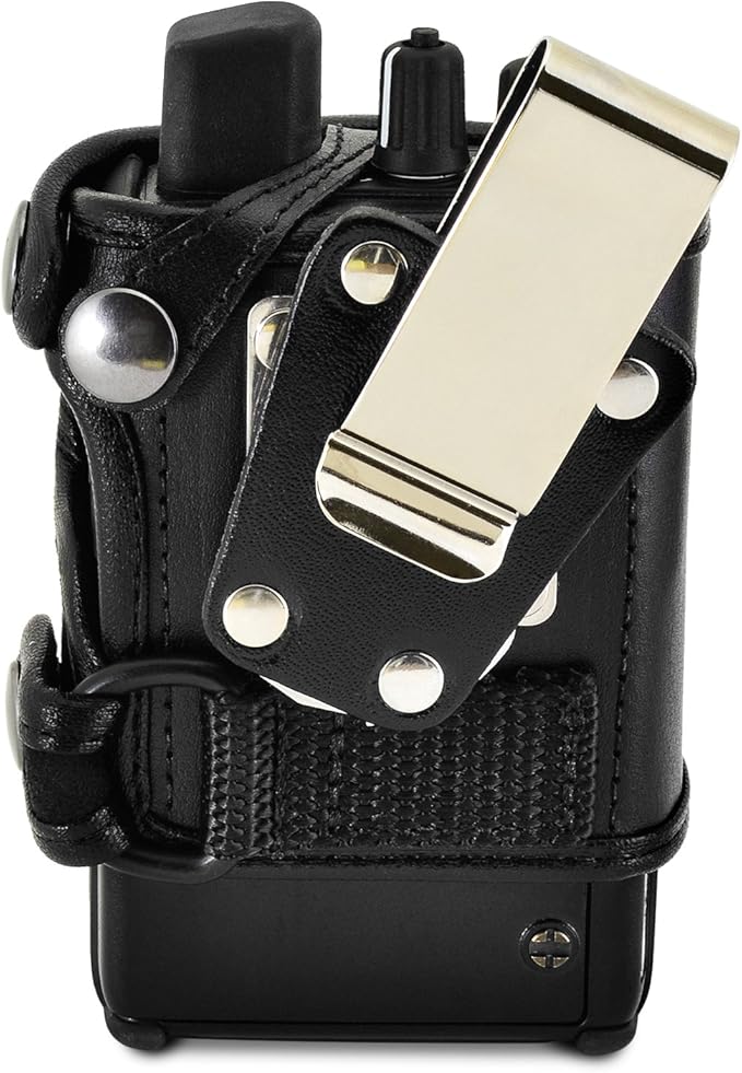 Made for Unication G1 Voice Pager Fire Radio Phone Black Leather Fitted Case with Heavy Duty Ratcheting Removable Metal Belt Clip