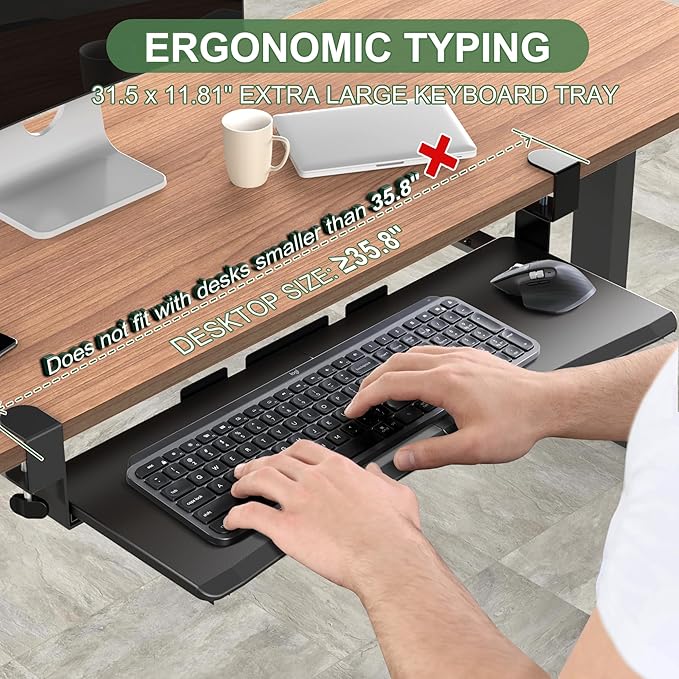Extra Large Keyboard Tray Under Desk - Slide Out with Sturdy C-Clip Mount System, 31.5" (35.8" Including Clamps) x 11.8" Put-Out Keyboard Tray Computer Drawer for Ergonomic Typing, Black