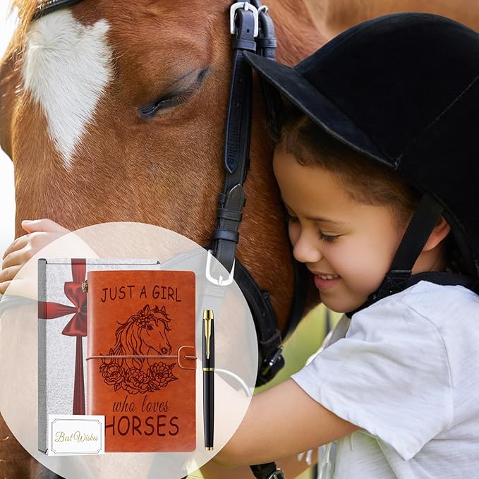Just A Girl Who Loves Horses Leather Notebook Journal with Pen, Horse Stuff Horse Gifts for Girls Horse Lovers, Leather Refillable Notebook, Sketchbook, Travel Diary