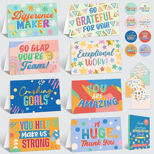 Decorably 24 Pack Gold-Foiled 6x4in Employee Appreciation Cards with Envelopes and Stickers, 8 Festive Designs Employee Thank You Cards, Blank Inside - Office Party