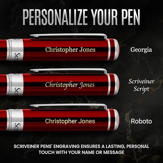Scriveiner Personalized Deep Crimson Red Pen - Stunning Red Lacquer Luxury Pen with Chrome Finish, Schmidt Ink Refill, Best Engraved Ball Point Gift Set for Men & Women, Custom Name Engraving