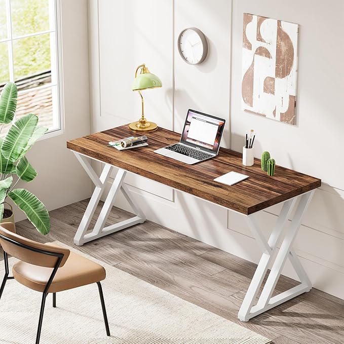 Tribesigns Modern Walnut/White 55" Heavy Duty Computer Desk, Study & Work Desk, 23.6"D x 55.1"W x 29.5"H, Z-Shaped Metal Legs, 330 lbs Capacity