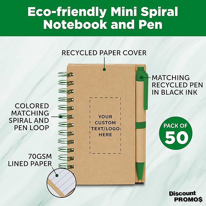 Custom Mini Spiral Notebooks with Black Ink Pens Set of 50, Personalized Bulk Pack - Perfect for School, Office, Business, Home - Green