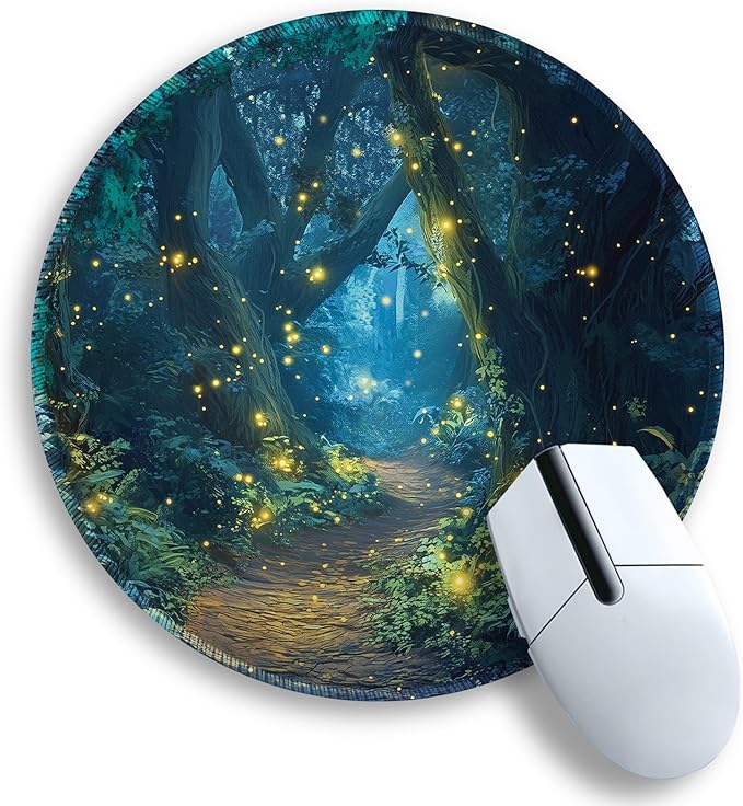 Gctriki Fireflies Forest Round Mouse Pad, with Stitched Edge Non-Slip Rubber Base, Small Travel Mouse Pad for Laptop Computer Desk Gaming, Cute Office Desk Accessories Decor for Women