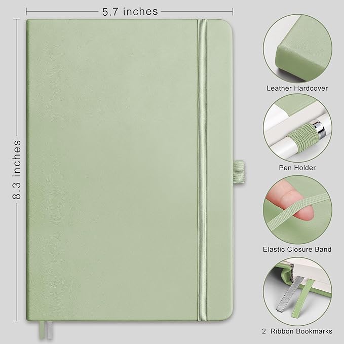 RETTACY Bullet Dotted Journal Notebook, 2-Pack, 160 Numbered Pages per Pack, A5 Medium Size (5.7'' x 8.3''), 120 GSM Thick Paper, Leather Hardcover, for Bullet Journaling (Black & Light Green)