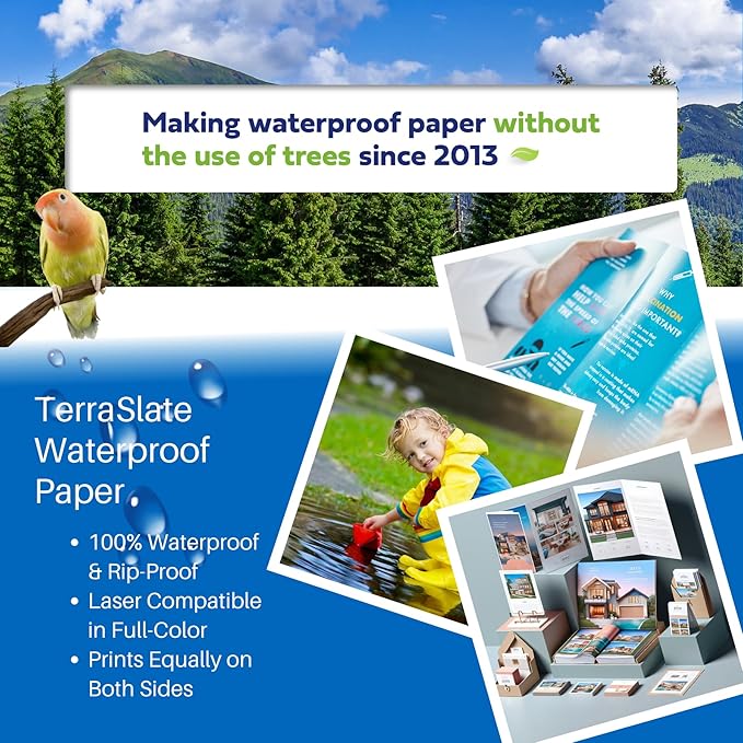 TerraSlate Waterproof Paper, 5 MIL 8.5” x 11”, Laser Printer & Copy Machine Compatible, Durable & Rain/Weather-Proof Copy Paper, White Paper (50 Sheets)