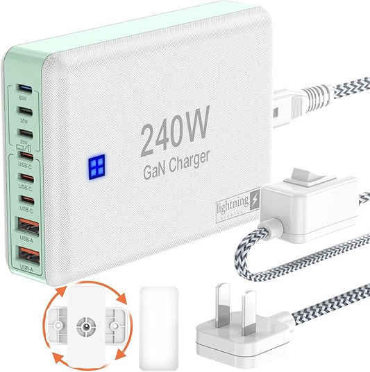 240W Fast Chargers for Multiple Devices 8 Ports, 6 Type C + 2 USB A Charger Block, Charging Station with Slim Flat Plug, 65W Power Hub for Laptops, PD GaN Charger Tower for iPhone, Samsung