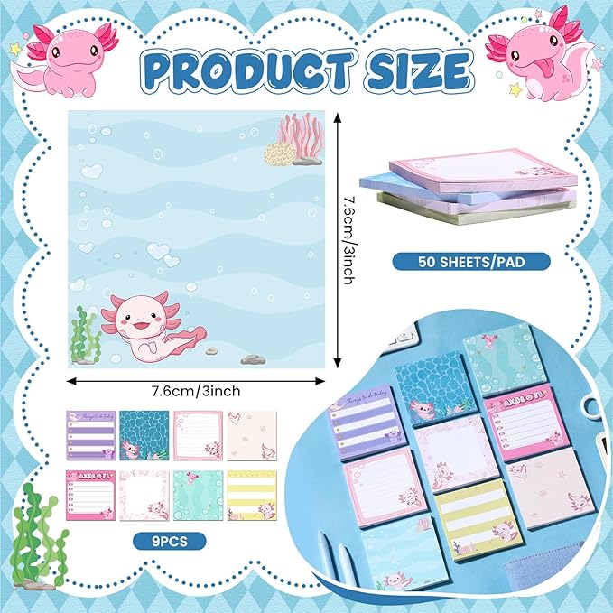9 Pads Cute Sticky Notes Cartoon Animal Self Stick Notepads 3x3 Inches Notes Adhesive Memo Pad Office Decor Gifts for Students School Office Meeting(Axolotl)