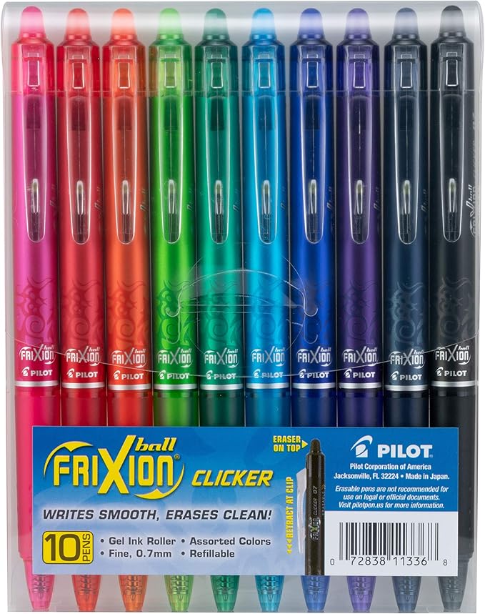 Pilot FriXion Erasable Gel Pens, Fine Point 0.7 mm Erasable Pens, Pack of 10 Assorted Colors