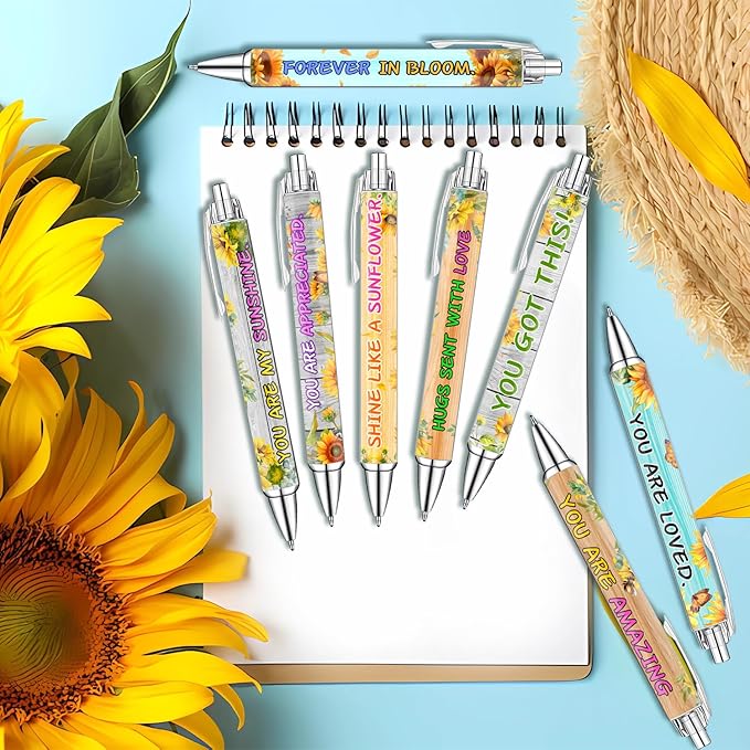 Idealmuzik Sunflower Pens Set – Bright Sunshine -Themed Ballpoint Pens for Girls, Teachers, and Flower Lovers – Smooth Writing Stationery for School, Office, or Journaling – Gift for Women