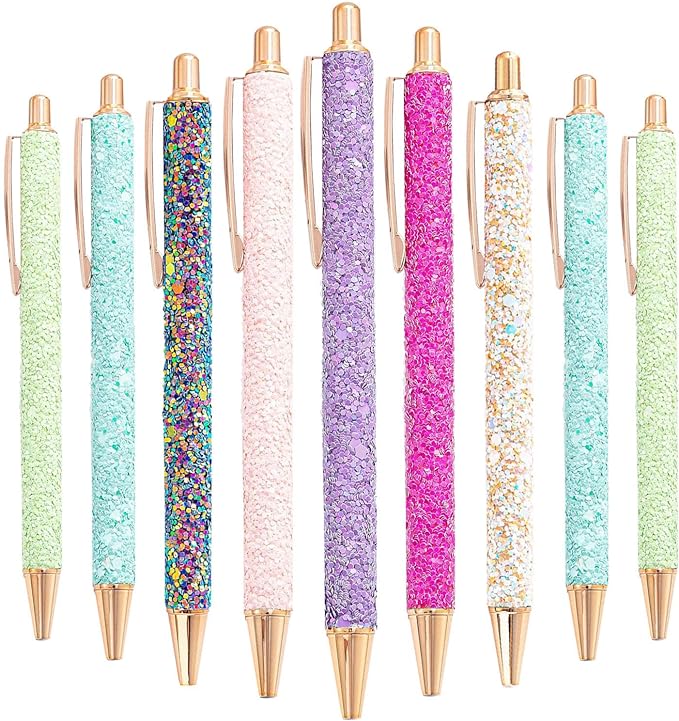 9 Pcs Fancy Pens for Women Glitter Colorful Ballpoint Pens Metal Retractable Pens Black Ink Medium Point 1.0 mm Pretty Cute Sequins Pens Journaling Pens for Women Girls (Fresh style)