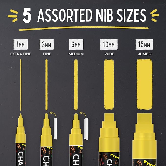 5 Gold Chalkboard Chalk Markers - Gold Dry Erase Markers for Blackboard, Chalkboard Signs, Windows, Glass | Variety Pack - Fine & Jumbo Size Ink Pen (1mm, 3mm, 6mm, 10mm, 15mm)
