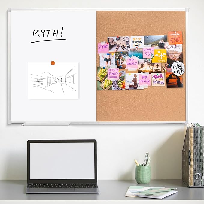 Cork Bulletin Board, 36 X 24 Inches White Magnetic Dry Erase Board, Large Wall Mounted Message Vision Notice Memo Pin Board for Office, Home and School
