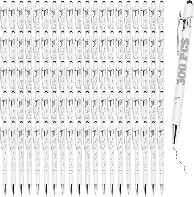 Personalized Pens Bulk 300 with Name Custom Engraving Ballpoint Pens with Stylus Tip Customized Smooth Writing Pens Personalized Gifts for Anniversary Birthday or Graduation(White,Black Ink)