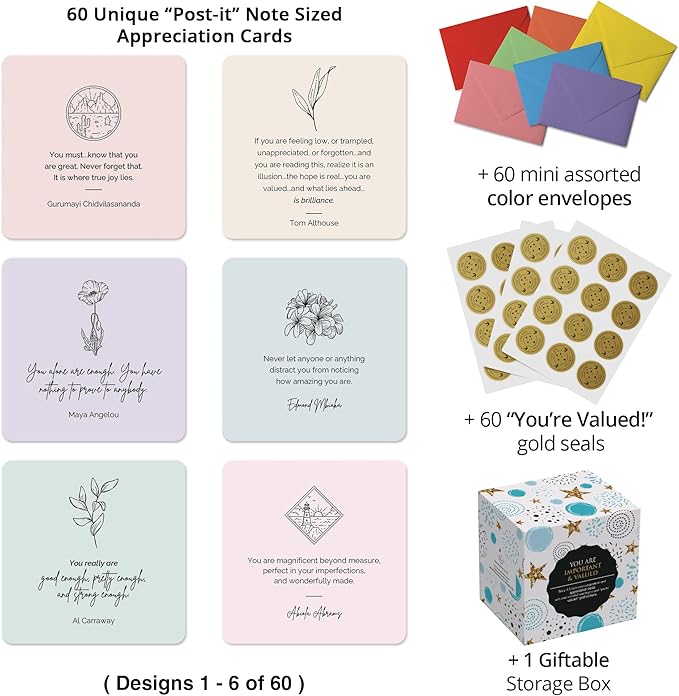 Dessie 60 You Are Important Encouragement Motivational Quote Cards. Inspirational Positive Affirmations. Post-It Note Size Cards with Envelopes and Sealing Stickers. Appreciation Cards. Thoughtful
