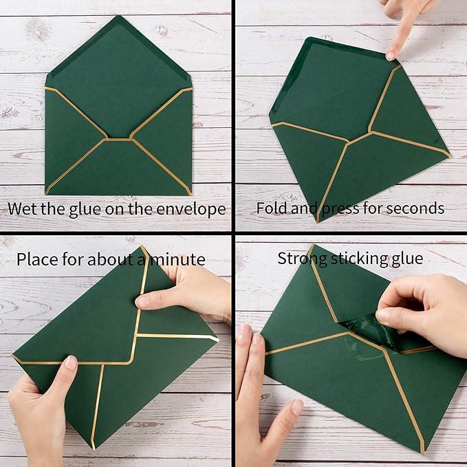 50 Pack A7 Envelopes Dark Green 5 x 7 Self-Adhesive V Flap Envelopes with Gold Border for Office, Greeting Card, Wedding, Graduation, Baby Shower, Parties, Invitations (Dark Green, 5x7)