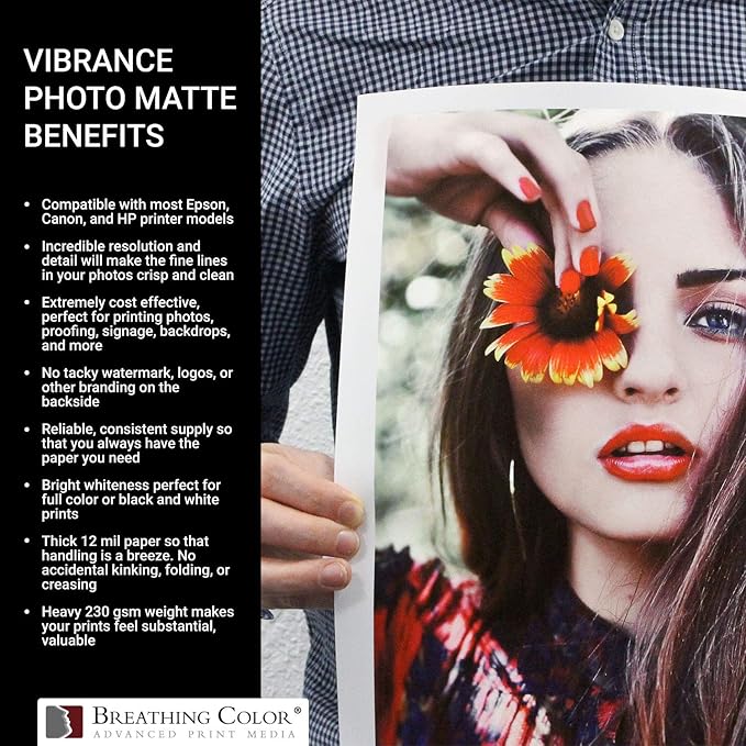 Vibrance Matte Photo Printer Paper 12 mil 230 gsm Matte Finish Premium Photo Paper Roll on 3in Core 17 inches x 10 ft Works with Most Inkjet Printer Professional Makes and Models Like Epson Canon HP