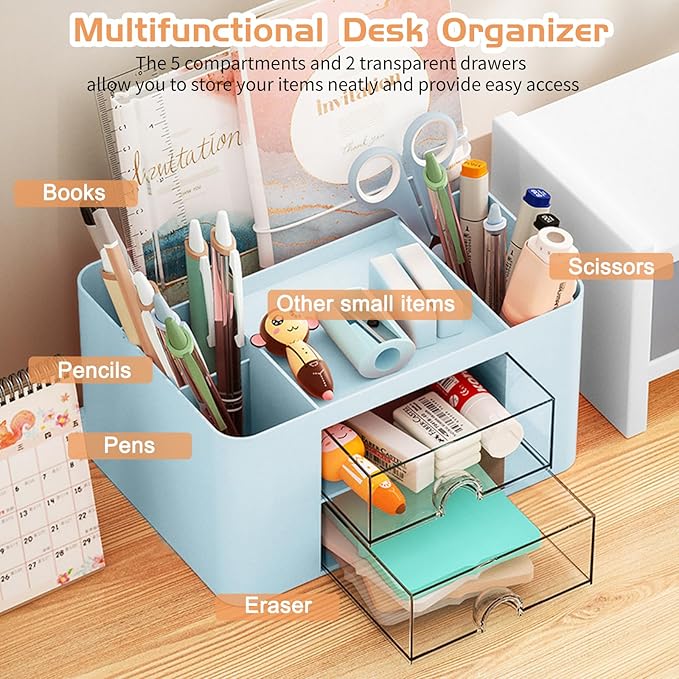 Pencil Pen Holder for Desk,2 Drawer Desk Organizers,5 Compartments Desktop Storage Stationery Supplies Organizer, Cute Pencil Cup Pot For Office, School, Home(Blue)