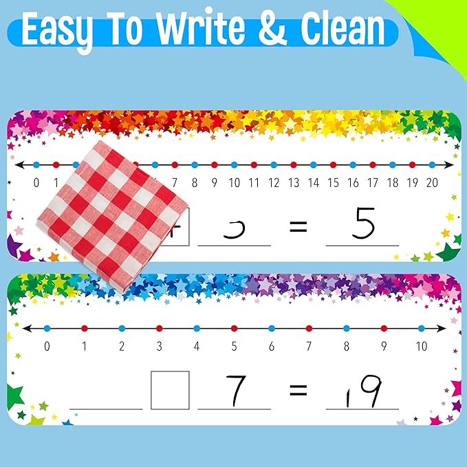 26 PCS Number Line Dry Erase Boards, Writable and Erasable Double Sided Board-0-10 on One Side & 0-20 on Other Side Math White Board for Kids, Students, Classroom and Home (12” x 4”, Colorful Stars)