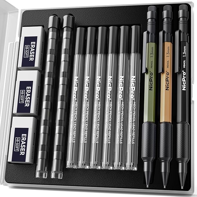 Nicpro 3 PCS 1.3 mm Mechanical Pencil Set 3 Colors with 36 Lead Refill, 3 Eraser - Weatherproof Metal MP2000 Heavy Duty Carpenter Pencil for Outdoor Marking Drafting Drawing Woodworking